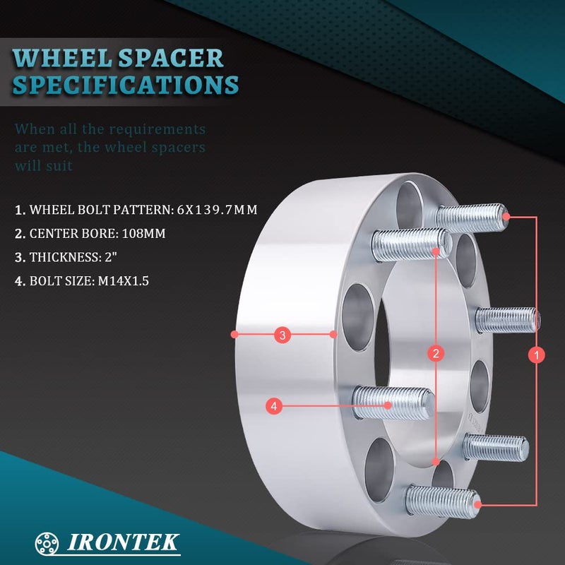 IRONTEK 6x139.7mm Wheel Spacers 2in Fit for Chevrolet K1500/2500/C2500/Avalanche/Tahoe Cadillac Escalade GMC Sierra 1500/K1500/K2500/Yukon 6x5.5 Wheel Spacer Adapters (14x1.5 Studs, 108mm Hub Bore) - Image 2